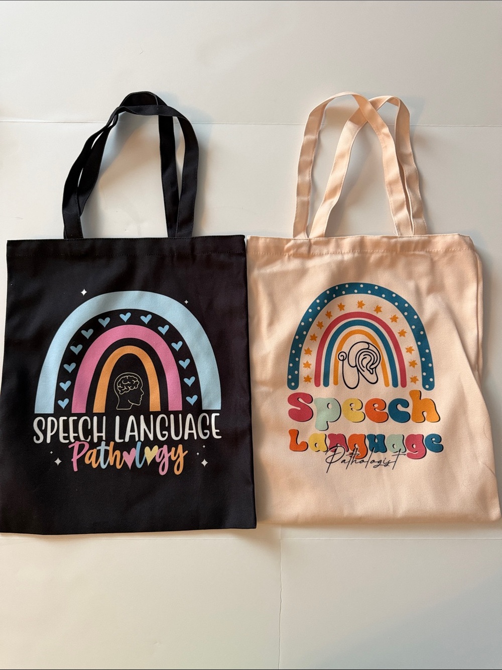 Two Canvas speech therapy Tote Bags black cream back to school gift NWOT new SLP
